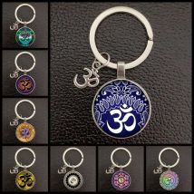 Kreativer Vintage-Schlüsselanhänger mit Glaskuppel, buddhistischer Chakra-Schlüsselanhänger, Schmuck, Om indischer Yoga, Mandala-Schlüsselanhänger für Damen und Herren