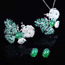 Foydjew Imitation Chalcedony Jewelry Sets Super Fairy Design Butterfly Necklace Open Ring Green Zircon Stud Earrings Set