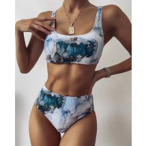 2026 Neuer bedruckter Sport-Bandeau-Push-up-Bikini, sexy Marmor-Damen-Badeanzug, High-Waist-Bademode, Damen-Badeanzug, Strandkleidung