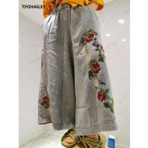 TIYIHAILEY-Wide Leg Long Pants for Women, Flower Embroidery Trousers, Denim Jeans, Elastic Waist, Casual Pants, 2026