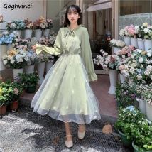 Kleid Frauen Schöne Frische Bogen Knoten Mesh Floral Stickerei Hohe Taille Flare Hülse Frauen Elegante Chic Süße Mädchen Maxi Kleider
