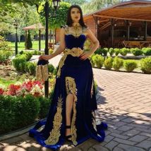 Eightale Arabisches Abendkleid mit abnehmbarem Rock, zweiteilig, blaues Marokko-Kaftan-Meerjungfrau-Abschlussball-Partykleid aus Samt