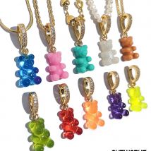 New GD Same paragraph Multicolor Resin Bear Pendant Zircon Crystal Pearl Chain Charm Necklace For Women Girls Trendy Jewelry