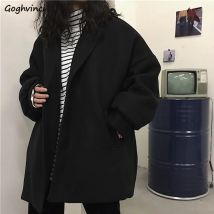 Blends Frauen Mantel Schwarz Feste Beiläufige Verdicken Ästhetischen Koreanischen Stil Paar Lose Freizeit Weibliche Harajuku Trendy Einfache Wolle