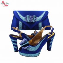 2024, hochwertige, modische nigerianische Damenschuhe, passendes Taschen-Set in königsblauer Farbe, Sonderangebote, Design mit Applikationen für Party