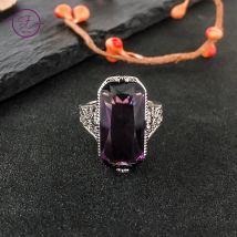 10*20mm Amethyst Silver Ring for Women Square Crystal Hollow Carving Flowers Rings Exaggerated Fashion Cocktail Party Jewelry