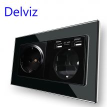 Presa doppia da parete Delviz da 16 A, con porte di ricarica USB da 5 V 2 A, CA 110 V ~ 250 V, presa standard UE con pannello in cristallo temperato nero