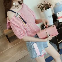 Short Sleeve Kawaii Striped One Shoulder Casual T Shirt 2021 Women Clothes Off Shoulder Cute Tops Korean Tshirt Female Clothing