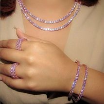 Roségold plattiert rosa cz Tennis kette Schmuck Set hochwertige pinky Mädchen Mode hochwertige Halskette Armband Ring Set