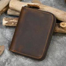 Herren Crazy Horse Geldbörse aus echtem Leder, echtes Leder, kurze Geldbörse mit Druckknopf, Damen-Münzfach, Reißverschluss um kleine dreifach gefaltete Tasche