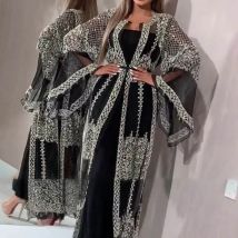 2025 Abaya Dubai Muslimisches Luxuskleid Hochwertige Stickerei Spitze Pailletten Ramadan Kaftan Isla Afrikanische Kleidung 2-teiliges Set
