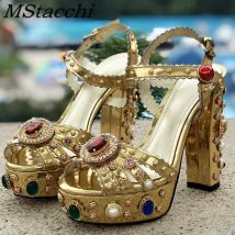 Frauen Chunky High Heels Schuhe Plattform Sandalen Für Frauen Strass Metallic Gold Leder Schuhe Frau