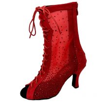 Red Rhinestones Dance Boots Strong Mesh Fashion Style Soft insole High Quality Practice Bachata Salsa Latin Dance Shoes Women