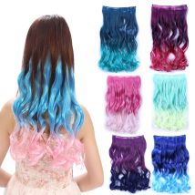 Jeedou Einteilige synthetische Clip-in-Haarverlängerung, Ombré-Wellen, Schwarz, Blau, Farbverlauf, modernes Haarteil im Cosplay-Nachtclub-Stil
