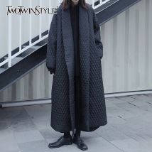 TWOTWINSTYLE Spleißen Argyle Mid Parkas Für Frauen V Neck Langarm Casual Solide Baumwolle Mantel Weibliche Mode Neue Winter Stilvolle
