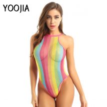 Damen Rave Rainbow Bademode, gestreift, Netz-Badeanzug, Bikini, durchsichtig, Netz-Body, Strandmode, Sommer, Tanz, Festivals, Kleidung