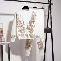 Herbst frauen Perlen Stickerei Strickwaren Pullover Stricken Hosen Zwei Stück Stricken Set Weibliche