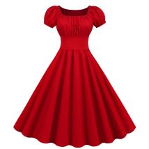 Frauen Vintage Kleid Robe Elegante Party Casual Büro Midi Kleid Femme Sommer Puff Hülse Quadrat Kragen Solide Rot