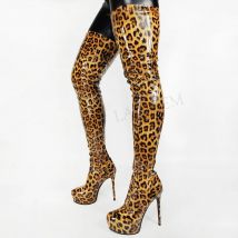 LAIGZEM Frauen Gabelung Hohe Plattform Stiefel Shiny Patent Seite Zip Stiletto Heels Oberschenkel
