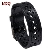 VOQ Kreative Schmuck Breites Armband Design Retro Hohl Echtes Leder Armband Einstellbare Lange Manschette Armreifen pulseras