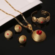 Äthiopischen Gold Farbe Rot Stein Halskette Ohrringe Ring Armreif Anhänger Eritrea Afrika Habesha Hochzeit Schmuck Sets