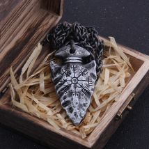 „Helm of Awe“ und „Viking Vegvisir“ Eisenfarbene Wikinger-Speer-Anhänger-Halskette mit Edelstahlkette als Geschenk für Männer