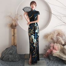 Oversize 4XL Velours Pailletten Blume Cheongsam Frauen Dünne Samt Qipao Elegante Abend Party Kleid Kurzarm Vestidos