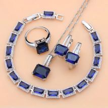 Set di gioielli in argento 925 con zaffiro blu bianco CZ per orecchini/ciondolo/collana/anelli/bracciale da donna