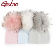 Geebro Neugeborene weiche Baumwolle 15 cm Echtpelz Bommel Mützen Hüte für Baby Jungen Mädchen Herbst Winter Kinder Kleinkinder Kleinkind Baby Hüte