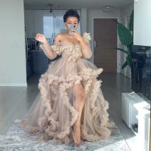 Weg von der Schulter Neue Tüll Robe Frauen Kleid Ruffled Long Sleeves Chic Kimono Roben Afrikanische Foto Schießen Kleid Kleider Mutterschaft
