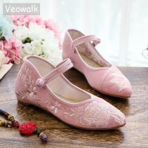 Veowalk Soft Comfortable Women Jacquard Cotton Pointy Toe Mary Jane Flats Retro Chinese Style Ladies Embroidered Walking Shoes