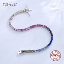 Pure Silver 14-21 cm Tennis Bracelet Pave 3 mm Bling Rainbow Zircon Beautiful Real 925 Jewelry For Women