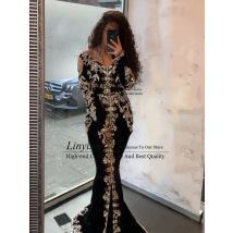 Black Velour Moroccan Kaftan Evening Dress Long Sleeves Lace Applique Arabic Muslim Special Occasion Dress Customized Prom Gowns