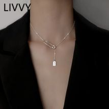 LIVVY Silver Color Pin rectangle  Pendant Necklace for Women Girl Fashion Creative  Clavicle Chain  Party Jewelry