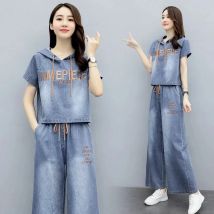 Brief Stickerei Kurzarm Denim Trainingsanzug Frauen Jean 2 Stück Sets Beiläufigen Mit Kapuze Kurze Tops + Kordelzug Breite Bein Hosen anzug