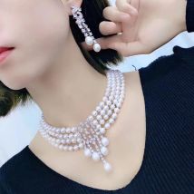 ones set  4ROWS freshwater pearl pendant necklace +earrings white near round 7-8MM wholesale nature beads FPPJ
