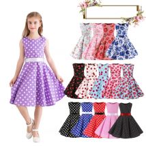 Vestido vintage de lunares para niños de los años 50, vestido midi floral con flores, vestido de verano de algodón para niña