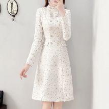 Neue Ankunft Herbst Winter Frauen Elegante Tweed Zweireiher Stehkragen Langarm Weibliche Mode Chic Kleider Vestidos