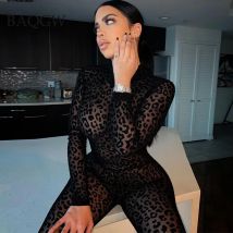 Sehen Durch Transparente Leopard Print Sexy Overalls für Frauen Autum Mesh Dünne Lange Overall Festival Körper Outfits Party Kleidung