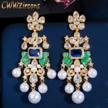 CWWZircons Blumen Cubic Zirkon CZ Lange Baumeln Perle Ohrringe für Frauen Afrikanische Braut Ohrring aretes de mujer modernos CZ656