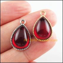 10 Stück tibetische silberfarbene und goldfarbene Tropfenblume, rote Glasur, Charms-Anhänger, 13 x 19,5 mm