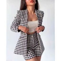 xikom 2021 Tweed Two pieces set Women Vintage V Neck Long Sleeve Office Lady slim Blazer Coat Female Hight Waist ​Shorts suit