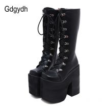 Gdgydh Große Größe 43, dicke Plattform, extrem hohe Absätze, coole Motorradstiefel, Punk-Stil, Schnürsenkel, kniehohe Stiefel für den Winter