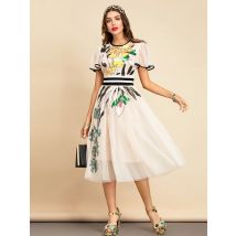 LD LINDA DELLA New 2021 Women Summer Fashion Runway Midi Dress Butterfly Sleeve Sequined Embroidery Ladies Slim A-Line Dresses