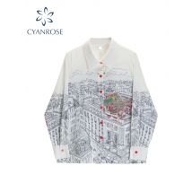 Frauen Hemd und Bluse Y2k Vintage Koreanischen Stil Harajuku Casual Elegante Chic Mode Lose Langarm Print Polo Shirt Top 2023