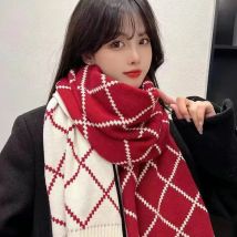 Roter Winterschal für Damen – koreanischer Stil, kariert, gestrickt, Wolle, Halswärmer, modisch, für Studenten, lässig, warm, weich, für kaltes Wetter