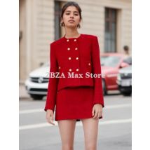 ZBZA Frauen strukturierte Blazer Rock Anzug Double Breasted Crew Neck Long Sleeve Pocket Jacket Solid Color Slit hohe Taille versteckten Reißverschluss Rock Herbst Winter neue weibliche Chic gesetzt