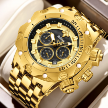 YaLaLuSi Neue goldene, trendige Herren-Quarzuhr – Datum, leuchtende Zeiger. Mit Geschenkbox und Riemenversteller. Ideales Geschenk für Männer