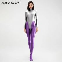 AMORESY all in one T-shape swimsuit women's sexy tight back zipper high fork sexy shiny long sleeve Swimsuit Bottom pants