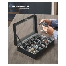 SONGMICS scatola per orologi a 12 Slot, coperchio in vetro, cuscini rimovibili, chiusura in metallo, Idea regalo, pelle sintetica nera, fodera in grigio verdastro